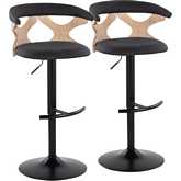 Gardenia Adjustable Swivel Bar Stool in White Washed Wood, Black Metal & Charcoal Fabric (Set of 2)